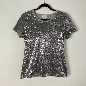 Vtg Y2K Silver Sequined Base Layer T-Shirt Sz S Glam Streetwear Swiftie Western